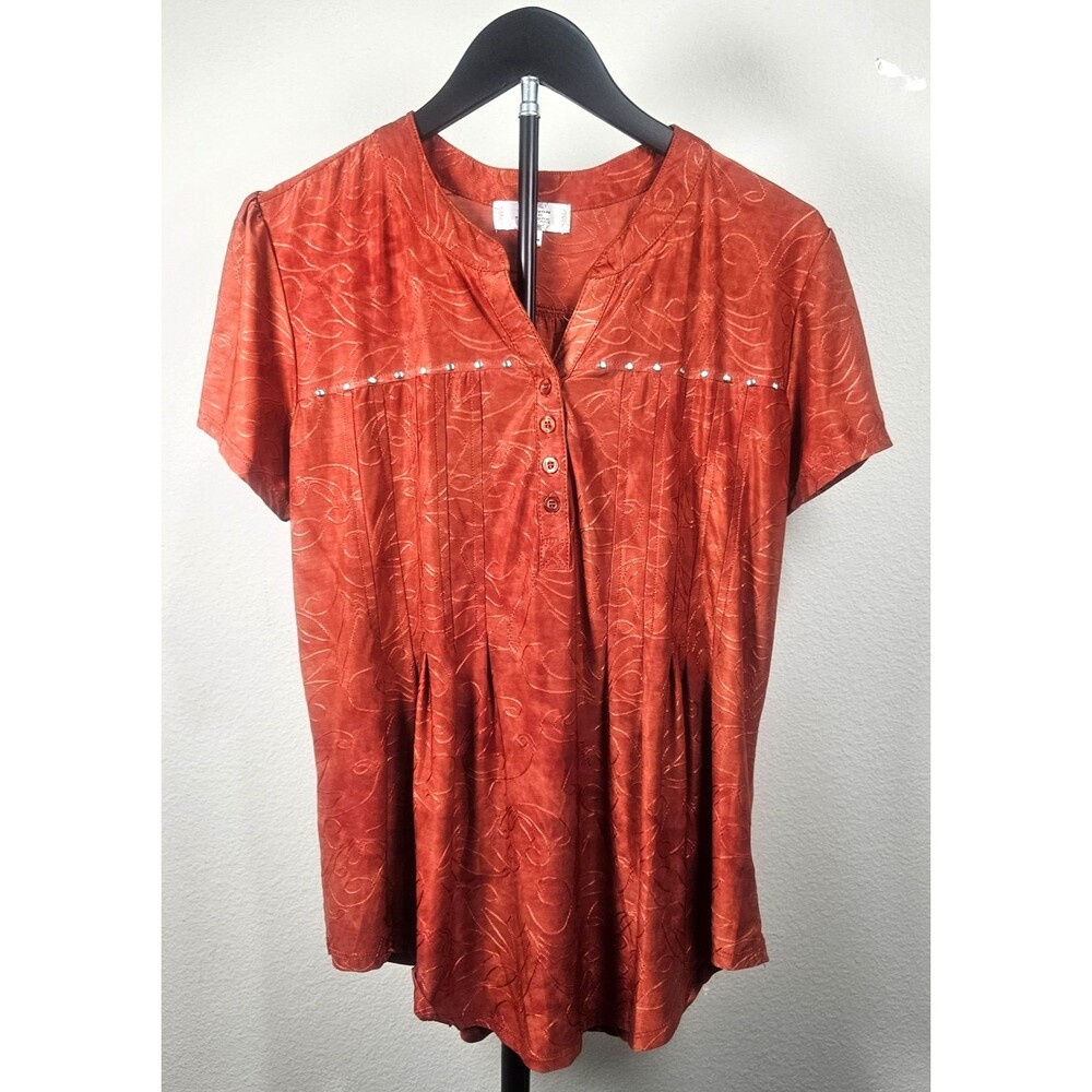 Shannon Ford New York Petite PM Burnt Orange Embroidered Studded Peasant Top